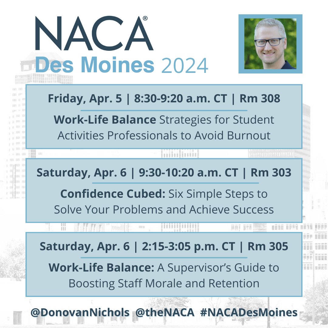 DonovanNichols's tweet photo. I'm flying to Iowa to present my #confidencecubed session and two #worklifebalance sessions at #nacadesmoines. Can't wait to connect with everyone from @THENACA - National Association for Campus Activities. #livebalanced https://t.co/GCVBe3GkD0