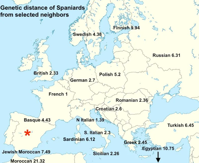 Tohle je má oblíbená infografika od Khana.

Španělé jsou geneticky blíž Finům, než svým marockým sousedům.

Gibraltarský průliv působil jako velmi efektivní bariéra genetickému toku. Efektivnější, než Bospor a Dardanely. Řekové a západní 'Turci' jsou si celkem blízko.

Mimo jiné