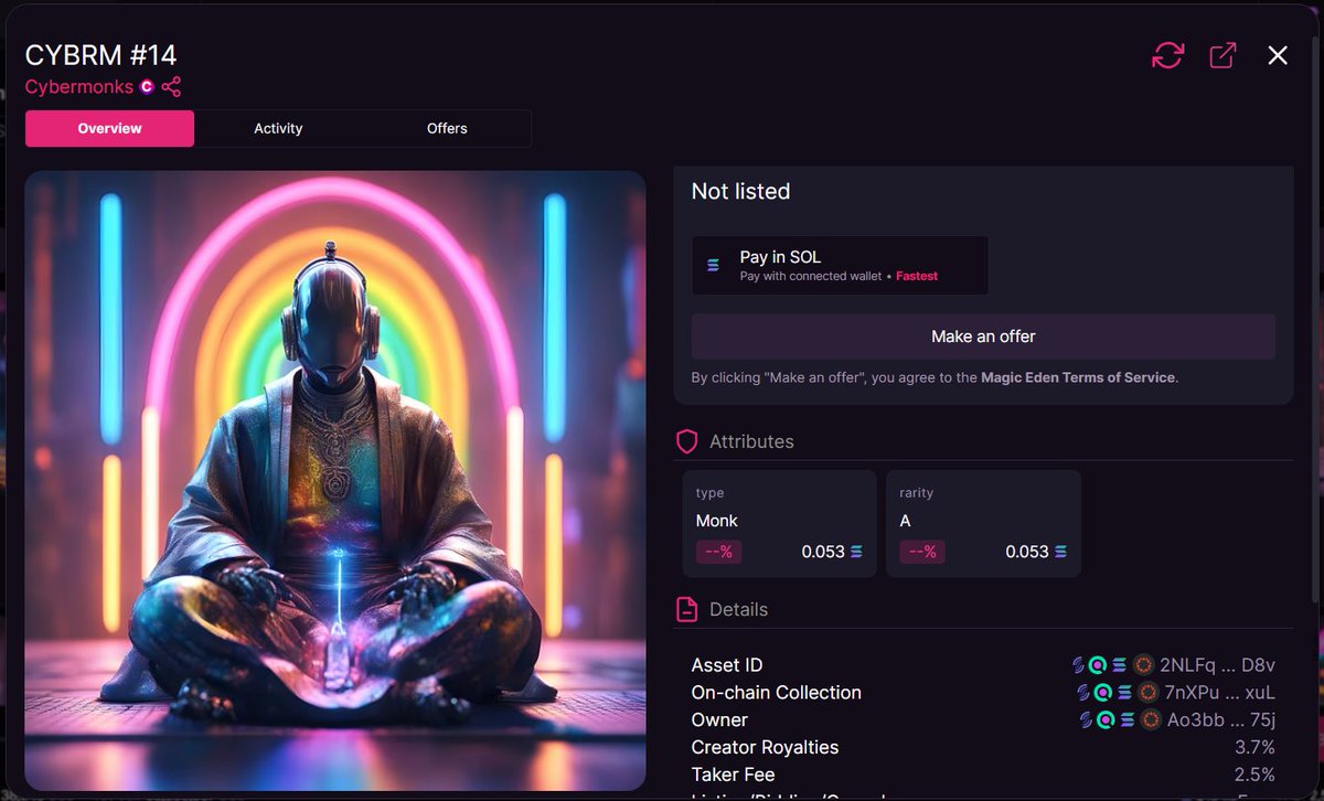CYBRM #14     SOLDD!!!  (46% sold out)

⛏️ launchmynft.io/sol/1611

🪄 magiceden.io/marketplace/-c…

#cybermonks #SOLANA #MagicEden #Nft