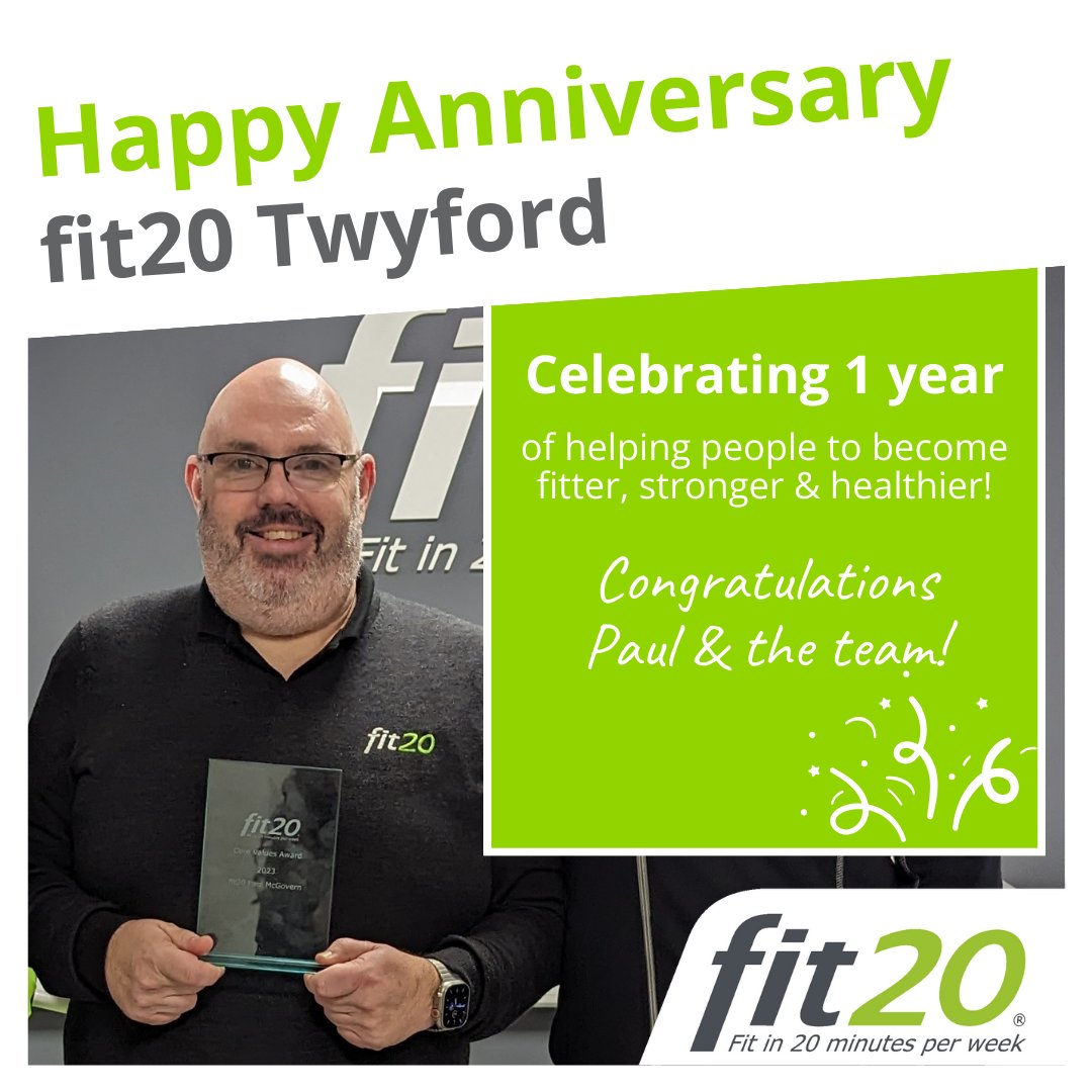 fit20UK's tweet photo. ๐ Congrats to Paul and the team at fit20 Twyford on their 1-year anniversary! ๐ฅณ One year of transforming lives, one session at a time! ๐ช Cheers to many more years of success ahead! ๐ #strengthchangeseverything #STAD2024 https://t.co/F4IsJdkdea