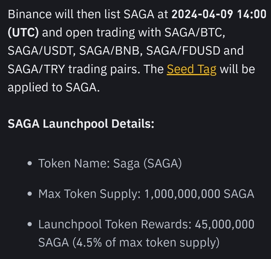 🌠#Binance, yeni Launchpool duyurdu: #SAGA ✔️Listeleme 9 Nisan'da olacak. ✔️BNB ve FDUSD stake ederek $SAGA Farminge katılabilirsiniz. ✔️Detaylar: binance.com/en/support/ann…