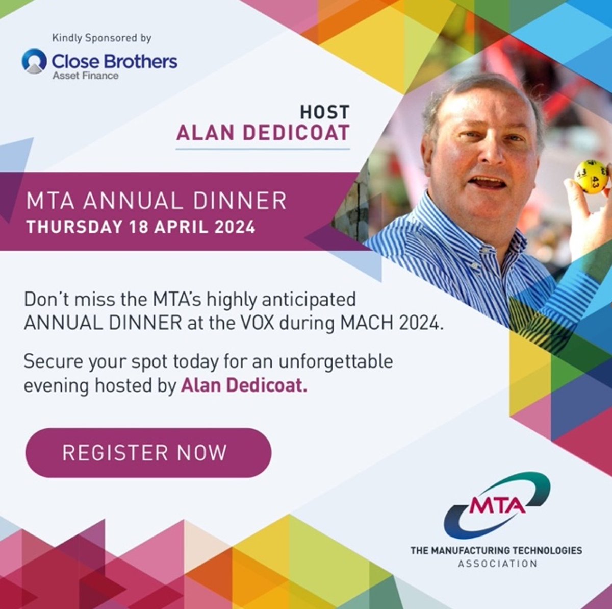 Calling all MTA/EIA/AMUK Members and Non-members! Don't miss the MTA's highly anticipated Annual Dinner at the VOX during MACH 2024. Secure your spot today for an unforgettable evening hosted by Alan Dedicoat! bit.ly/45rg3vK #manufacturing #ukmfg #networking