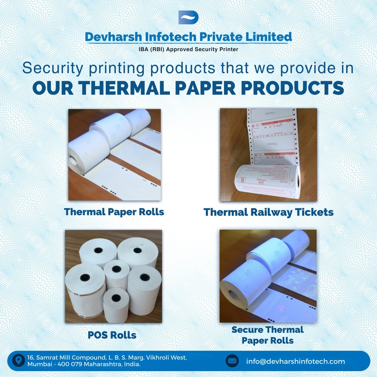 devharsh_info's tweet image. 🖨️ Elevate your transaction security with our thermal products! From POS rolls to railway tickets, we provide the reliability you need. #DevharshInfotech #ThermalPrinting #POSsolutions #SecureTicketing #TechTrends #RetailTechnology #Innovation #SecurityPrinting #BusinessSolutions