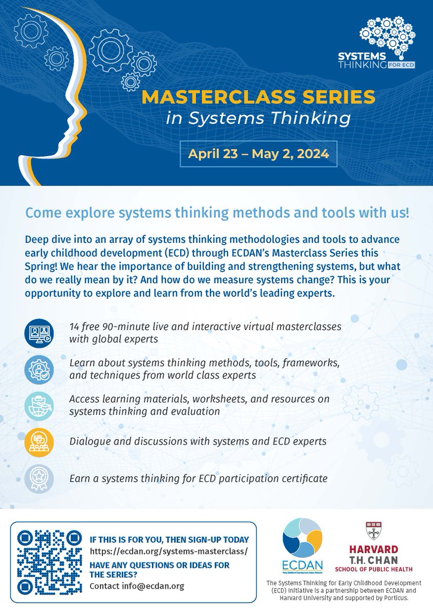Exciting news! 🌍🧠 Dive into the world of Systems Thinking for ECD with our upcoming Masterclass Series. Connect with 20+ global experts in 14 free virtual sessions. Don't miss out on this opportunity to earn a participation certificate! Register now 👉🏿 ecdan.org/systems-master…