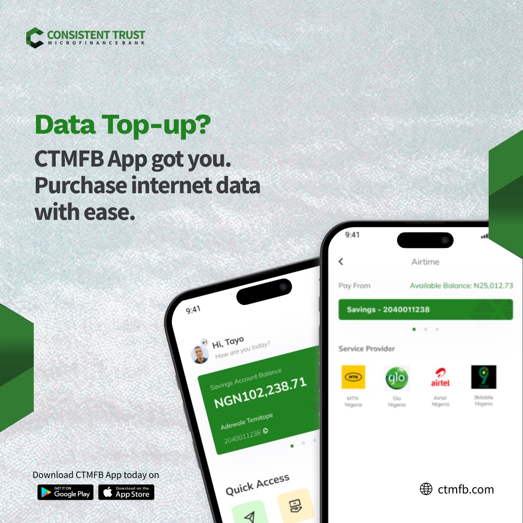 Data Top- up?
CTMFB App got you. Purchase internet data with ease.

#billpayment #datatopup #internetdata #bankapp #ctmfb