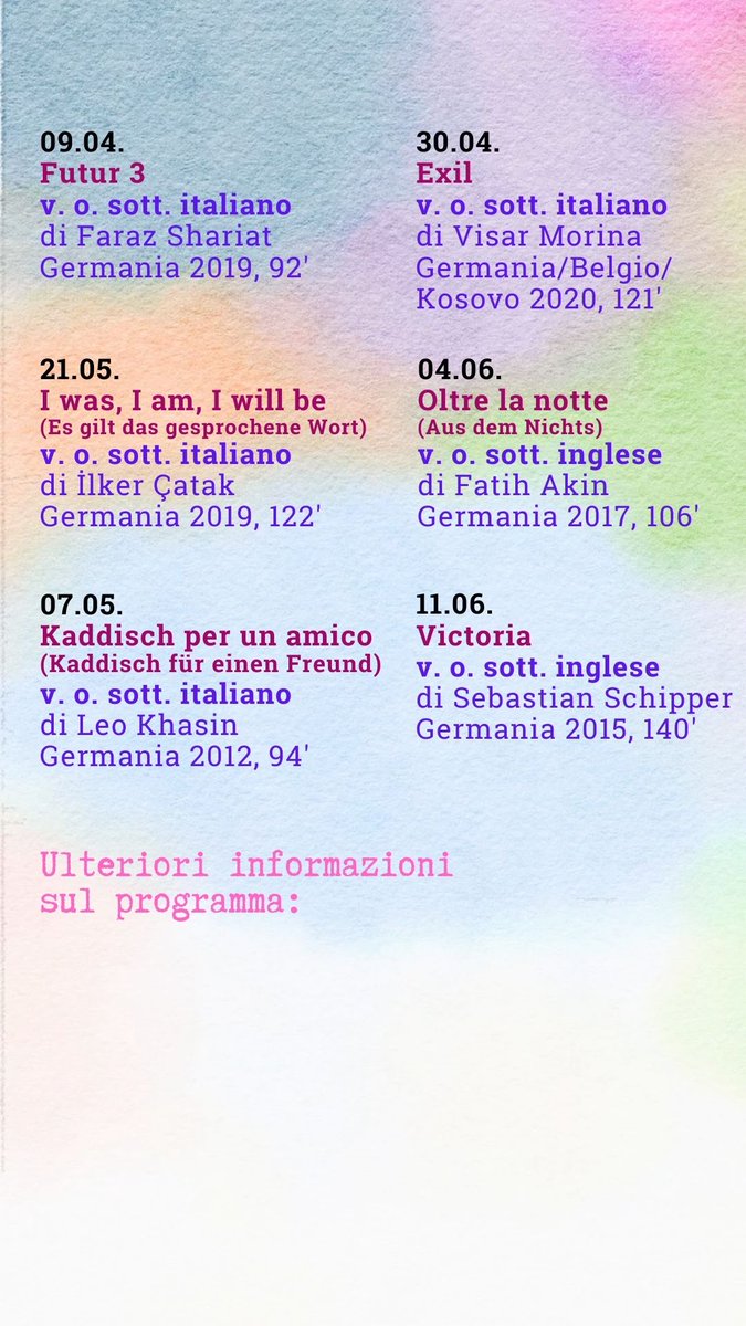 CINEVERSITY/KINOversity: Germania, Crocevia di Culture è una #rassegna di sei #filmtedeschi...+1 ! 📌da martedì 9 aprile a martedì 11 giugno 2024 - h. 19:30 aperitivo interculturale - proiezione h. 20:15 - Cineclub Nickelodeon In lingua originale con sottotitoli - ingresso € 5