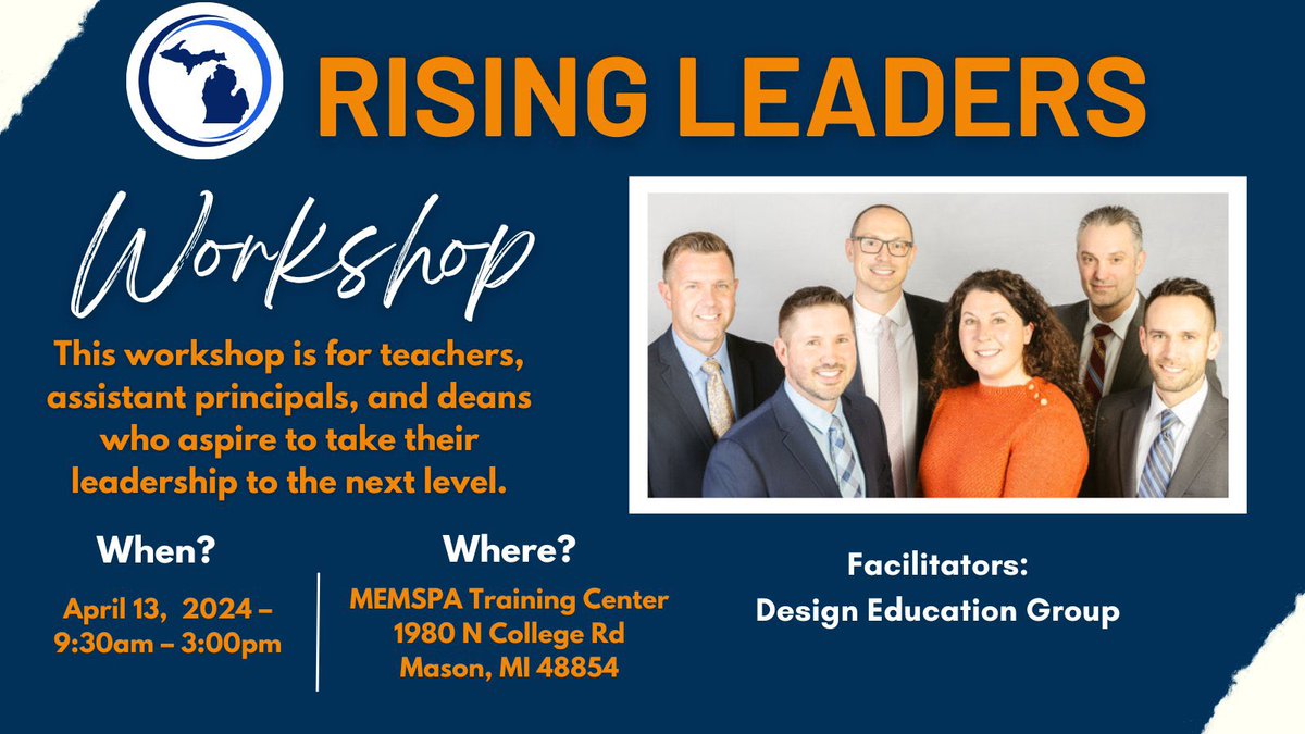 Looking to prepare yourself for a position as an administrator like an AP or Dean of Students.  
Register for the RISING LEADERS Workshop for Aspiring Principals
@Memspa Training Center
9:30am-3:30pm 
Next week on April 13. 
Info Here: memspa.org/events #MemspaChat #MichEd