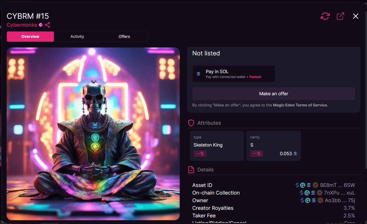 CYBRM #15     SOLDD!!!  (46% sold out)

⛏️ launchmynft.io/sol/1611

🪄 magiceden.io/marketplace/-c…

#cybermonks #SOLANA #MagicEden #Nft
