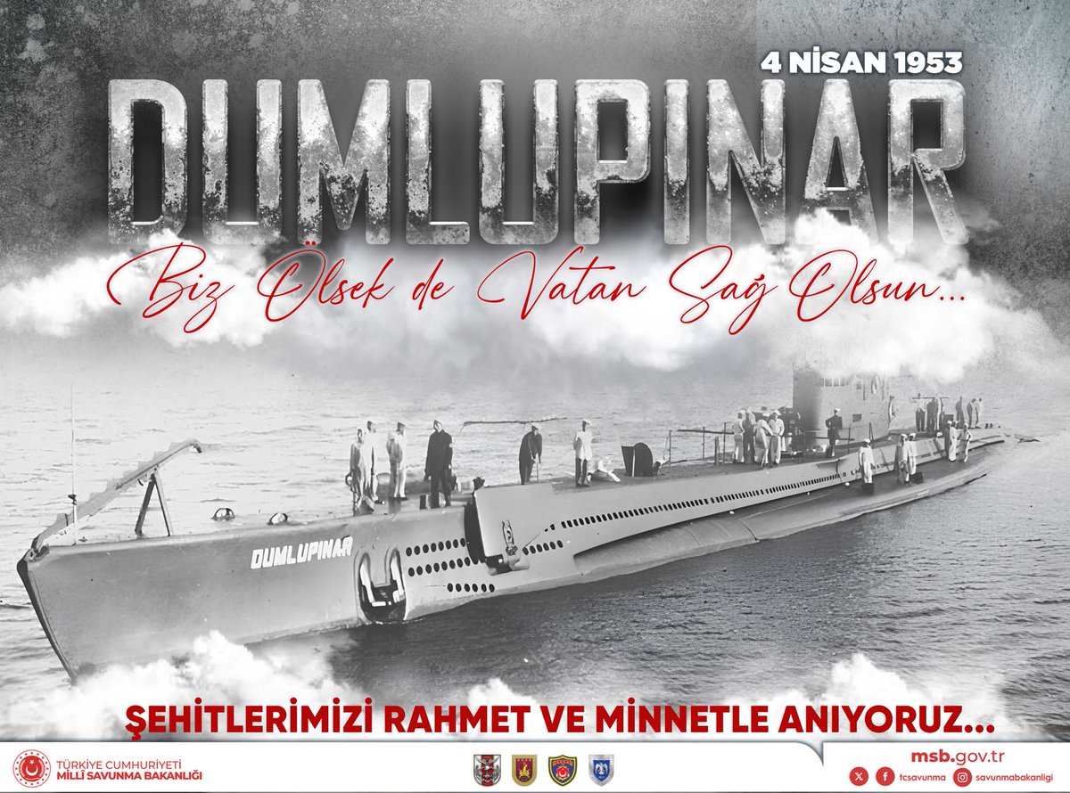 71 yıl önce bugün elim bir kaza sonucu Çanakkale Boğazı’nın derin maviliklerine emanet ettiğimiz, son nefeslerinde “Vatan Sağ Olsun” diyen Dumlupınar Denizaltımızdaki 81 kahraman şehidimize Allah’tan rahmet diliyor, şükran ve minnetle anıyoruz. 🇹🇷 #DumlupınarŞehitleri 🇹🇷…