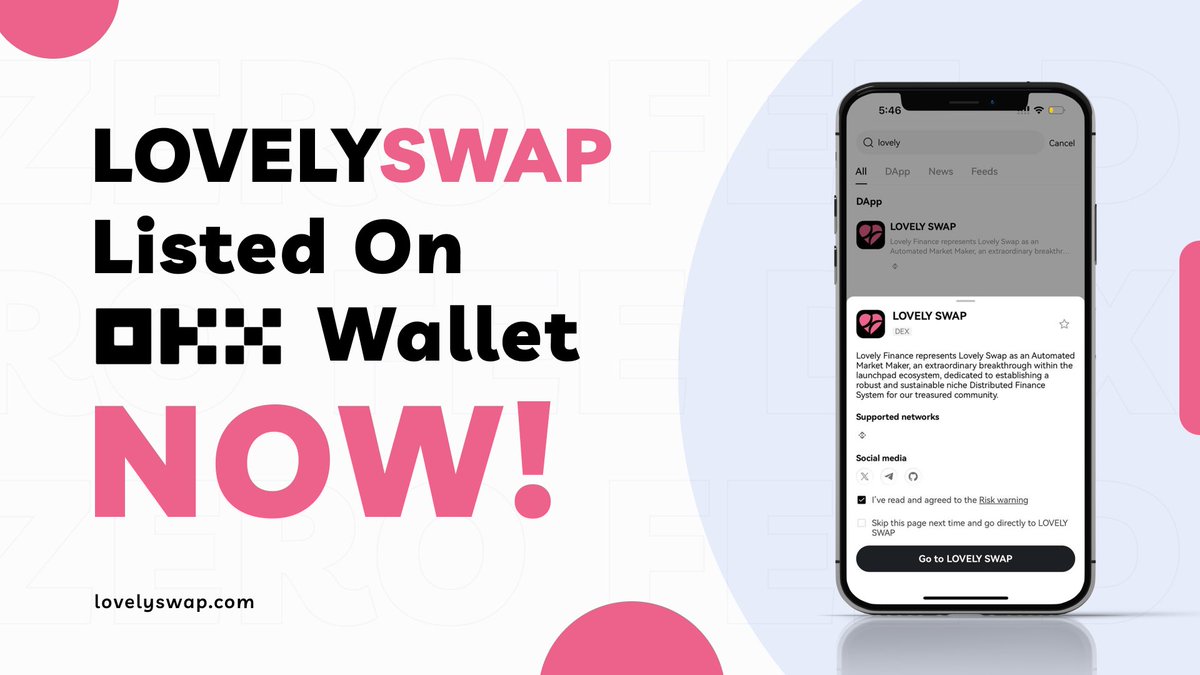 We are pleased to announce that Lovely Swap is now listed on OKX Wallet ( @okxweb3 ), one of the most trusted and secure cryptocurrency wallets. This integration will provide our expert users with easy access to Lovely Swap's innovative features and functionalities.