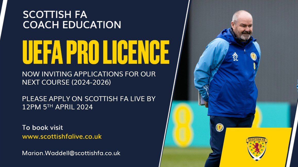 🆕 UEFA PRO LICENCE course ⚠️ Application deadline 12pm, 5th April ⏰ Applications close TOMORROW 📜 Must have held valid UEFA A Licence for a minimum period of 1 year prior 🔜 Course start date late May 2024 🎟️ Book now: scottishfalive.co.uk #ScottishFACoachEd