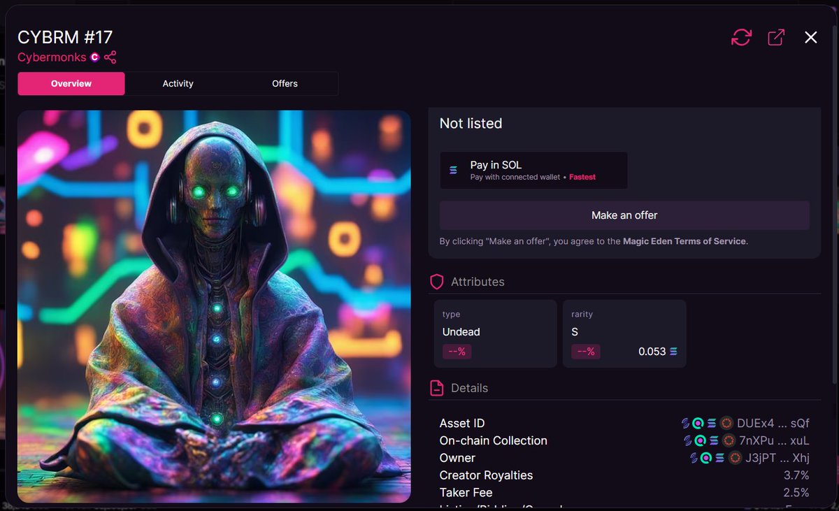 CYBRM #17     SOLDD!!!  (46% sold out)

⛏️ launchmynft.io/sol/1611

🪄 magiceden.io/marketplace/-c…

#cybermonks #SOLANA #MagicEden #Nft