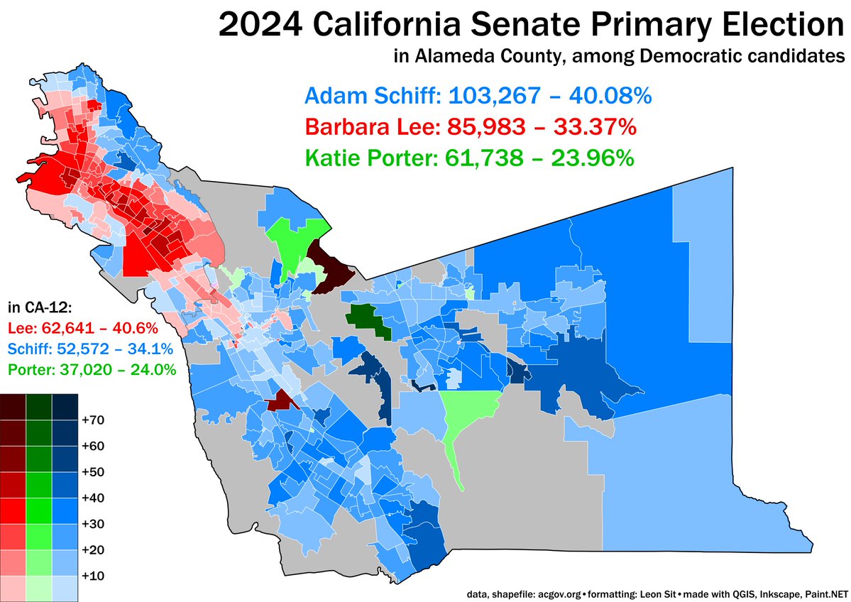 Here's a map of the California Senate primary election in Alameda County, in the East Bay. Representative Barbara Lee won her congressional district, but her success was quite localized to Oakland. Schiff won the county by racking up margins in the rest of the county.