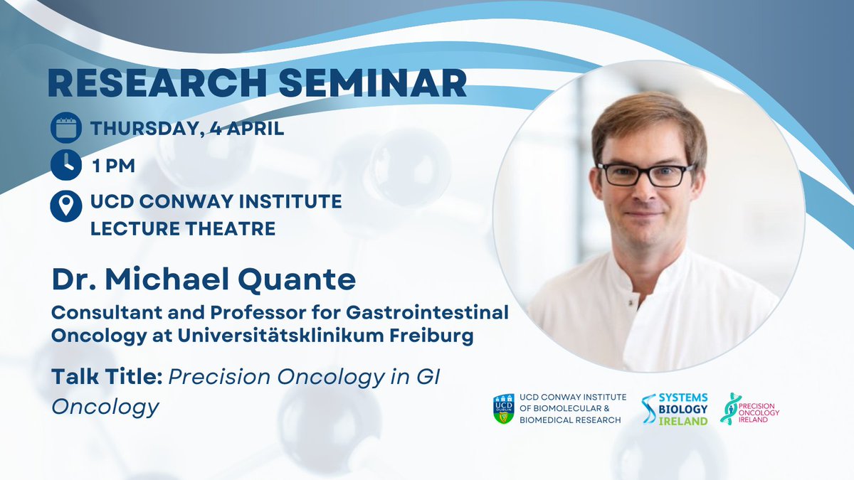 Come join us! Guest seminar today at 1 pm in the Conway Institute Lecture Theatre. Prof. Dr. Michael Quante of Universitätsklinikum Freiburg will be speaking about precision oncology in #gastroenterology. @UCD_Conway @PrecisionOncIre #cancerresearch