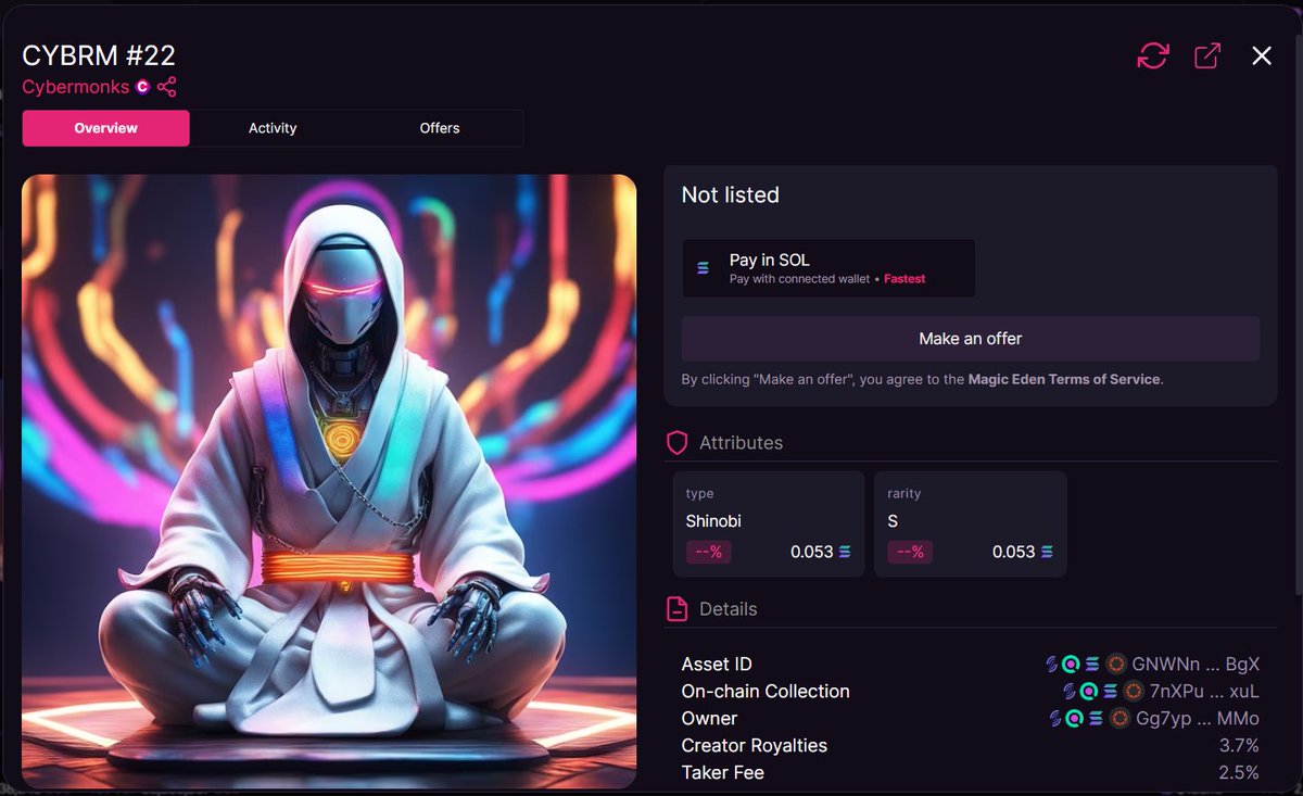 CYBRM #22     SOLDD!!!  (46% sold out)

⛏️ launchmynft.io/sol/1611

🪄 magiceden.io/marketplace/-c…

#cybermonks #SOLANA #MagicEden #Nft