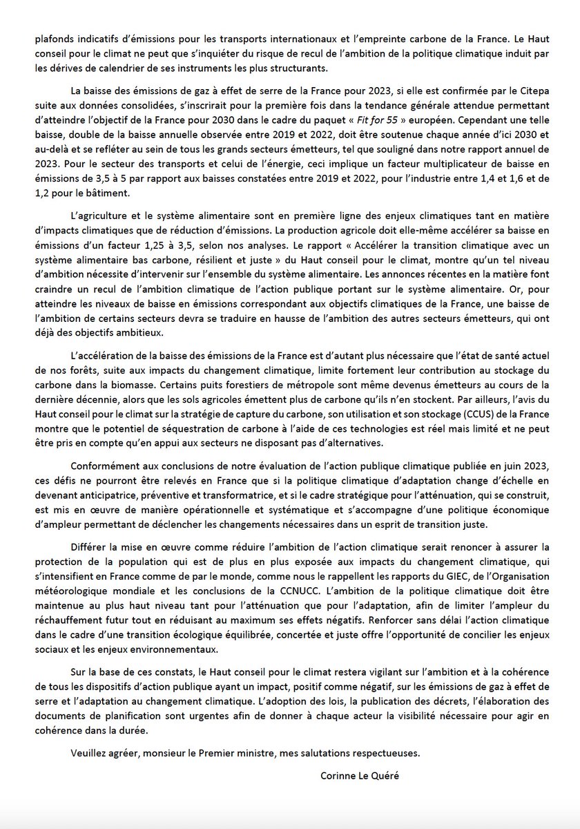 Le Haut Conseil pour le Climat @hc_climat adresse une lettre au Premier Ministre @GabrielAttal pour inviter le Gouvernement à réaffirmer la politique climatique de la France avec une trajectoire lisible et mobilisatrice, à hauteur de l'urgence.