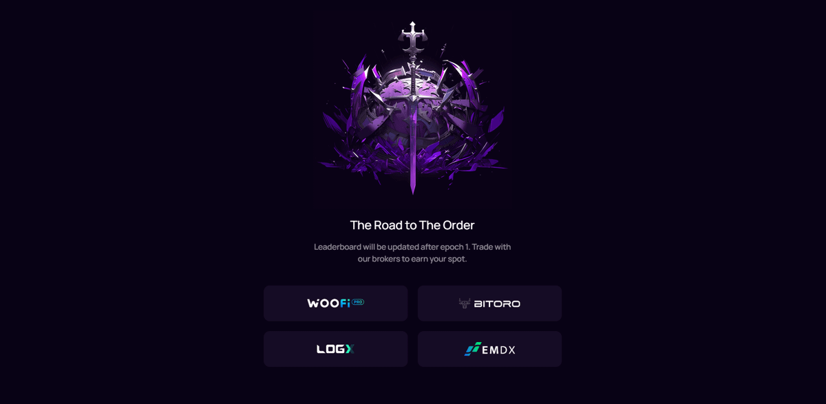 The Road to The Order has officially started Trade on DEXs built on @OrderlyNetwork to collect Merits across 10 epochs, each spanning 7 days DEXs: @LogX_trade, @_WOOFi Pro, @Bitoro_HQ, @emdx_io Check your rank and stats here: app.orderly.network