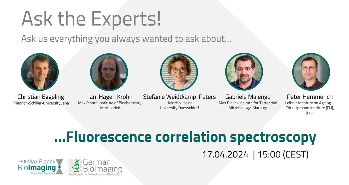 You want to know more about Fluorescence Correlation Spectroscopy? @GerBI_GMB and @MPBioimagingNet are happy to announce our next #AsktheExpert on #FCS on April 17th at 3 PM CEST! Contact us for more details or find more information on our website: bit.ly/3J4q5do
