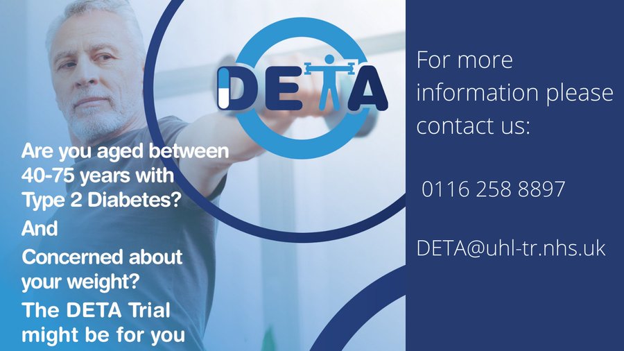 Are you interested in #health #research into #diabetes? The DETA trial is investigating if a commonly used #type2diabetes medicine can improve overall physical health. For more info & who can take part, visit: leicesterbrc.nihr.ac.uk/themes/lifesty… #NHSresearch #Leicester #health