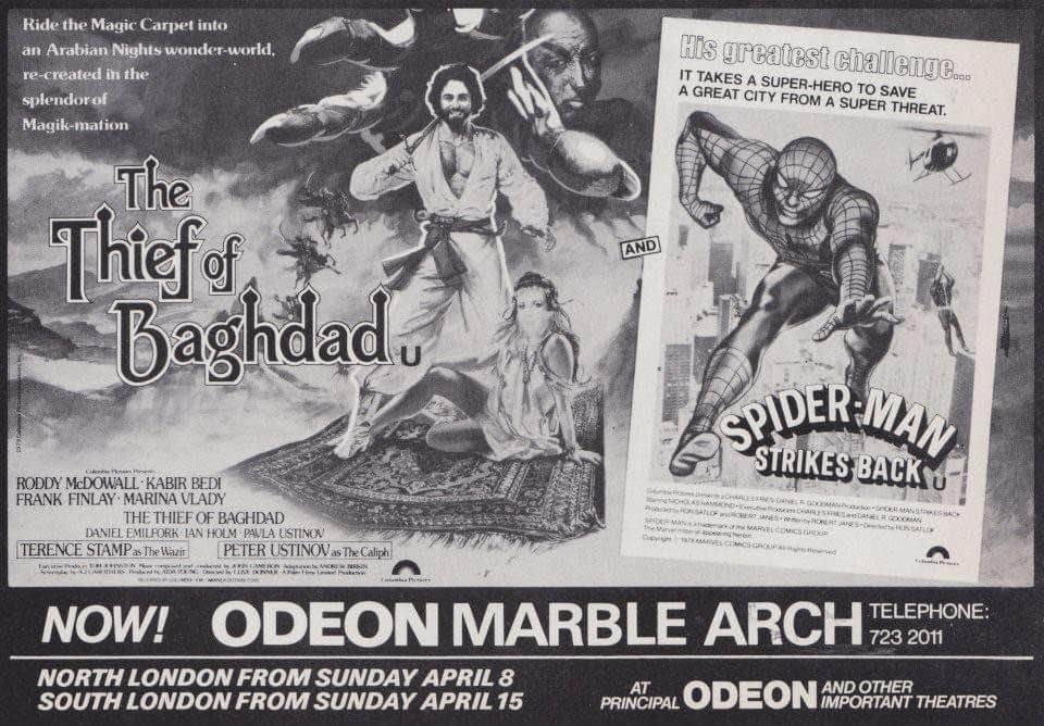 Forty-five years ago today, this double-bill flew into the Odeon Marble Arch... #TheThiefOfBaghdad #SpidermanStrikesBack #1970s #film #films #SpiderMan #CliveDonner #KabirBedi #NicholasHammond #TerenceStamp #RonSatlof
