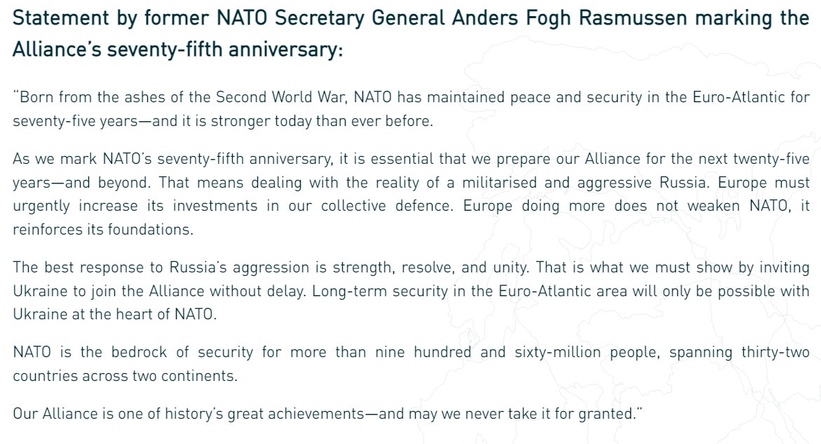 'NATO is the bedrock of security for more than nine hundred and sixty-million people, spanning thirty-two countries across two continents. Our Alliance is one of history’s great achievements—and may we never take it for granted.' My full statement on NATO's 75th anniversary ⬇️