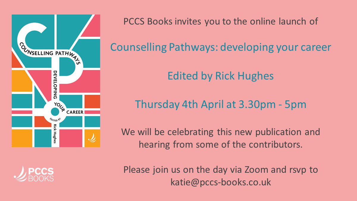 3.30pm TODAY! Join us today as we launch ‘Counselling Pathways’ + hear about developing a career in counselling. Counselling Pathways: developing your career edited by Rick Hughes Thurs 4th April at 3.30pm - 5pm Free / Zoom link- us02web.zoom.us/j/85119042338   #counselling