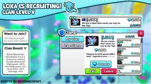 TooLow322's tweet photo. L0XA IS RECRUITING! 💙
We are an upcoming RISING clan and we are looking for A LOT of people to join🔥
How to Join!
Be active! 😀
Play in events! ⚙️
Donate 500k-600k per week
All the perks for joining below
Dm me or @KyGamingRB with your pet team to join
#ps99 #ps99clan https://t.co/ahYJgswy3z