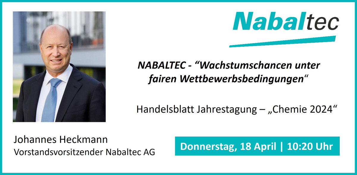 Die Handelsblatt Jahrestagung 'Chemie 2024' findet am 18./19.04. in Frankfurt statt. Johannes Heckmann ist einer der Referenten mit dem Thema: NABALTEC - 'Wachstumschancen unter fairen Wettbewerbsbedingungen'. Weitere Infos: tinyurl.com/yzn4p8xf 
#Chemieindustrie #Chemie2024