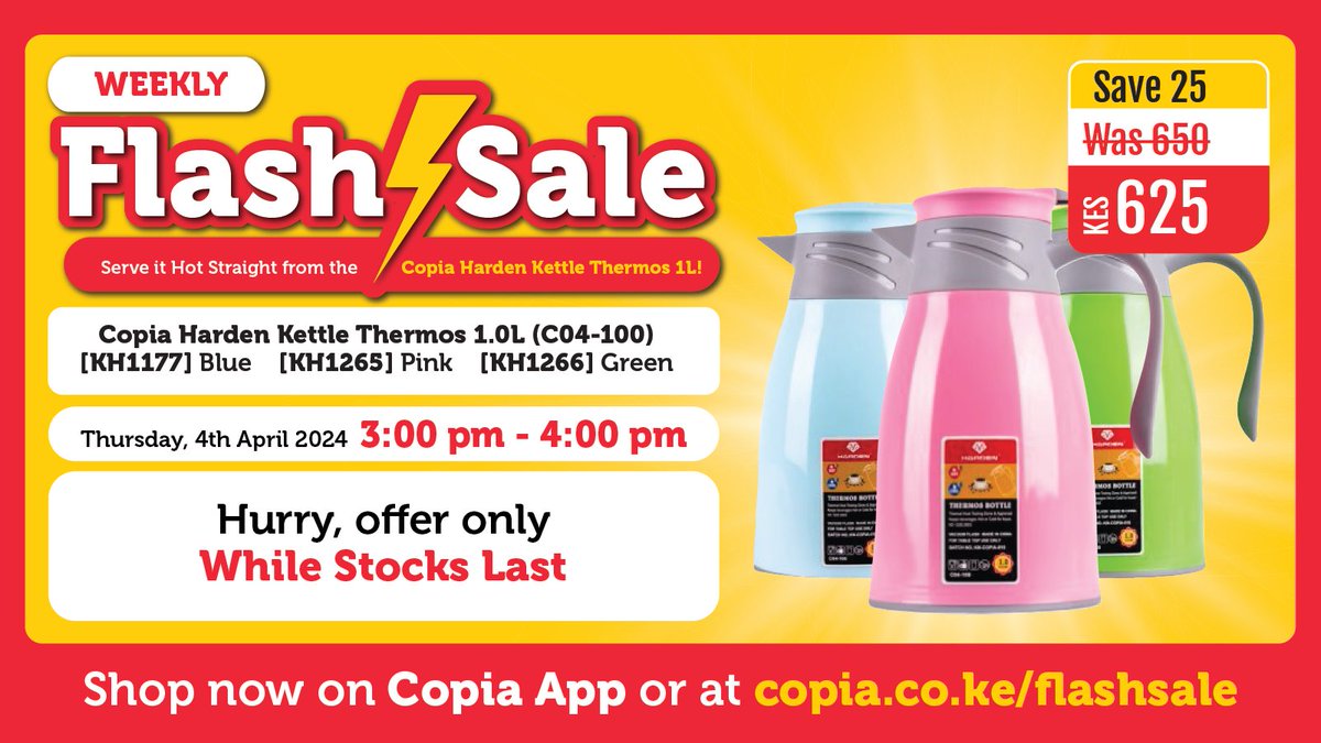Leo ndio ile siku! Copia Harden Kettle Thermos 1.0L with a ONE-TIME-OFFER!!! Shikilia 625/- yako na ukae rada ya #CopiaFlashSale kuanzia 3pm hadi 4pm PEKEE kwenye Copia App -> bit.ly/3HVWgea! #CopiaApp