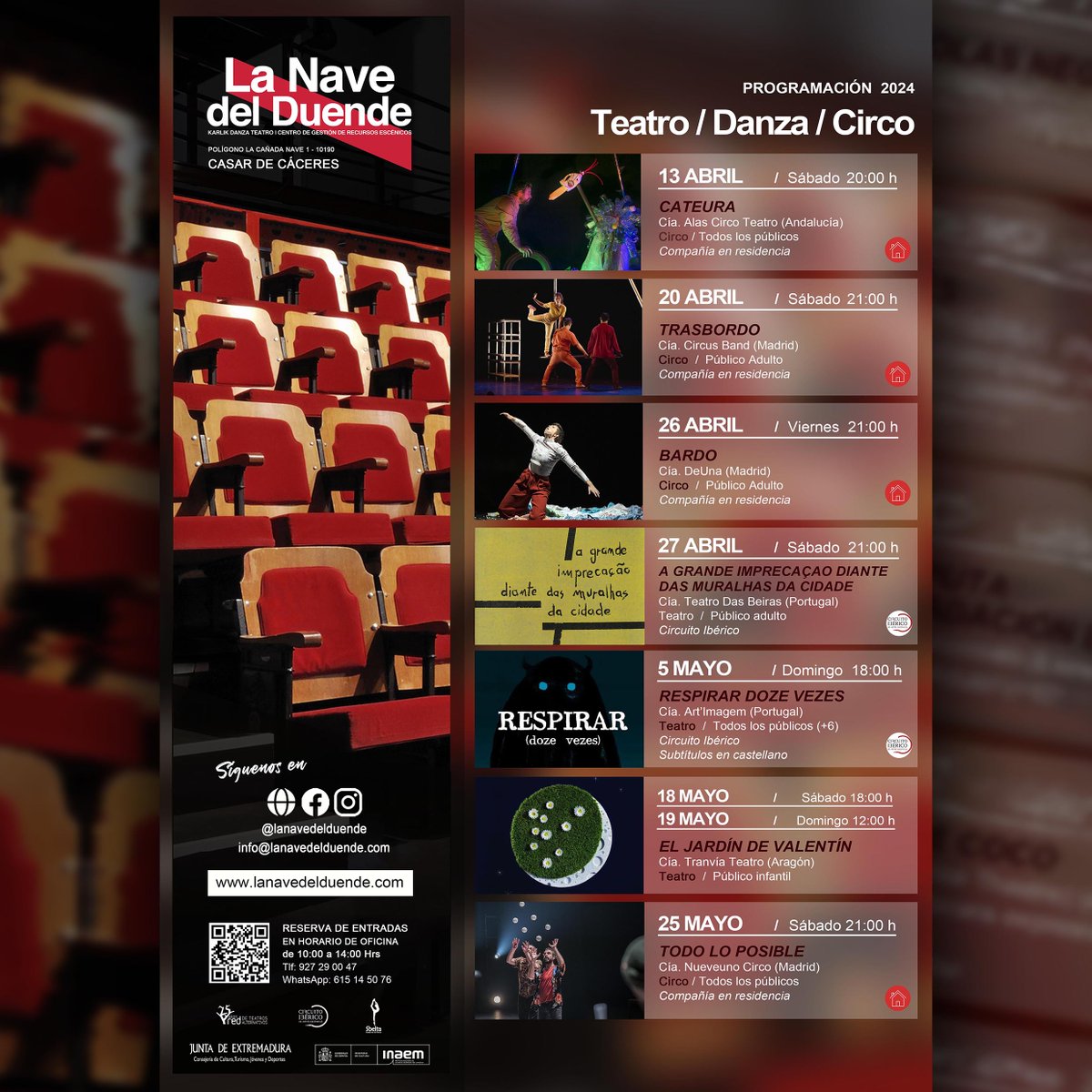 📅 ¡Ya puedes consultar nuestra programación de 𝐚𝐛𝐫𝐢𝐥 y 𝐦𝐚𝐲𝐨 de 𝟐𝟎𝟐𝟒! Puedes descargarla directamente de nuestras redes sociales y página web.

☑️ Programación sujeta a cambios, para una información más detallada visita: lanavedelduende.com/programacion