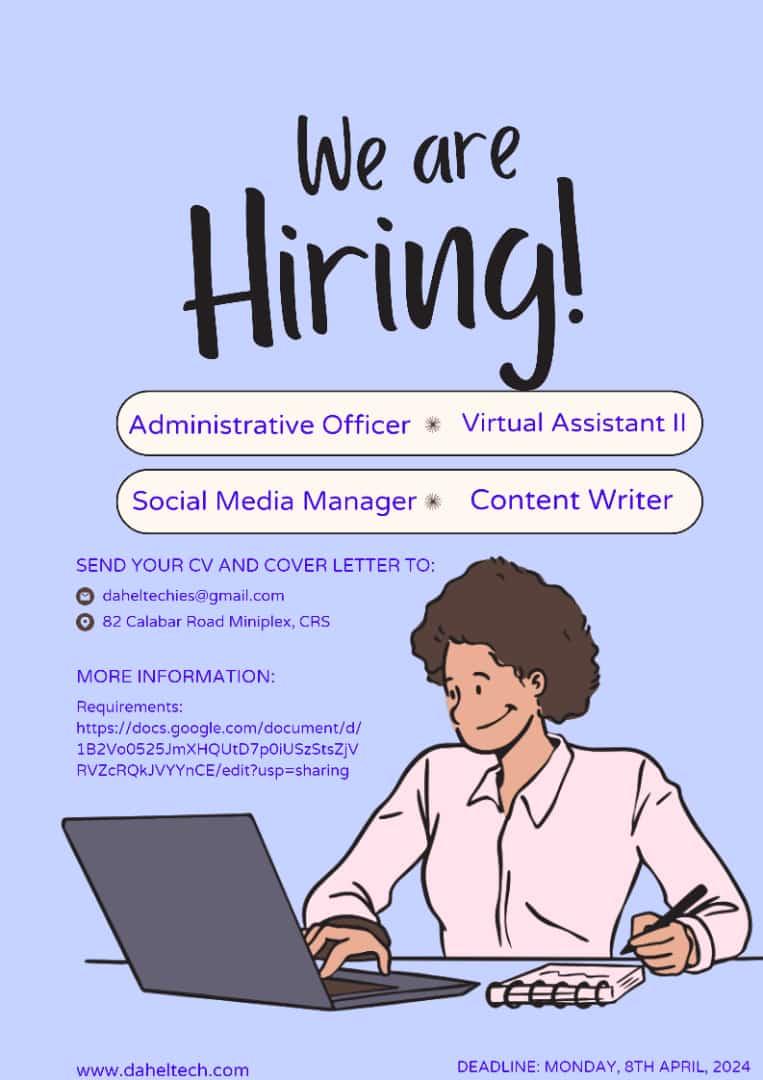 JOB OPENINGS FOR TODAY AT DAHELTECHIES

We are hiring for the following job roles.

-Social media manager
-Virtual Assistant
-Content writer
-Administrative officer

Do you have what it takes to work with a team like ours?

#daheltechies #socialmediajobs #virtualassistant