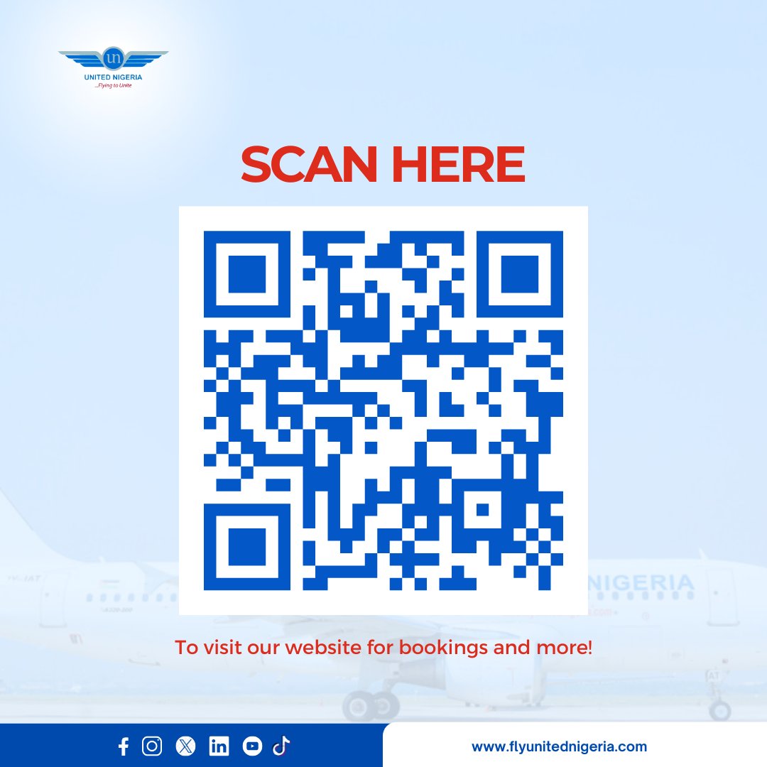 Book your tickets to fly any of our routes by scanning the QR code below. 📱 Find the link pinned to our bio. Let's fly! ✈️ #UnitedNigeriaAirlines #FlyUnitedNigeriaAirlines #FlyingToUnite #AMoreRewardingWayToFly #QRcode
