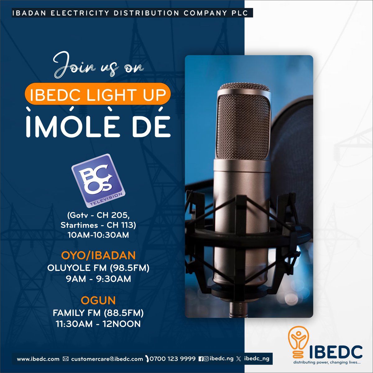 Join us on the following stations as we discuss the issues surrounding You and your electricity usage. Feel free to call 📷 in the programmes or send us a DM 📷. #ibedc #imolede #ibedclightup #ibadan #oyo #ogun #electricity #electricityuse #distributingpower #changinglives.