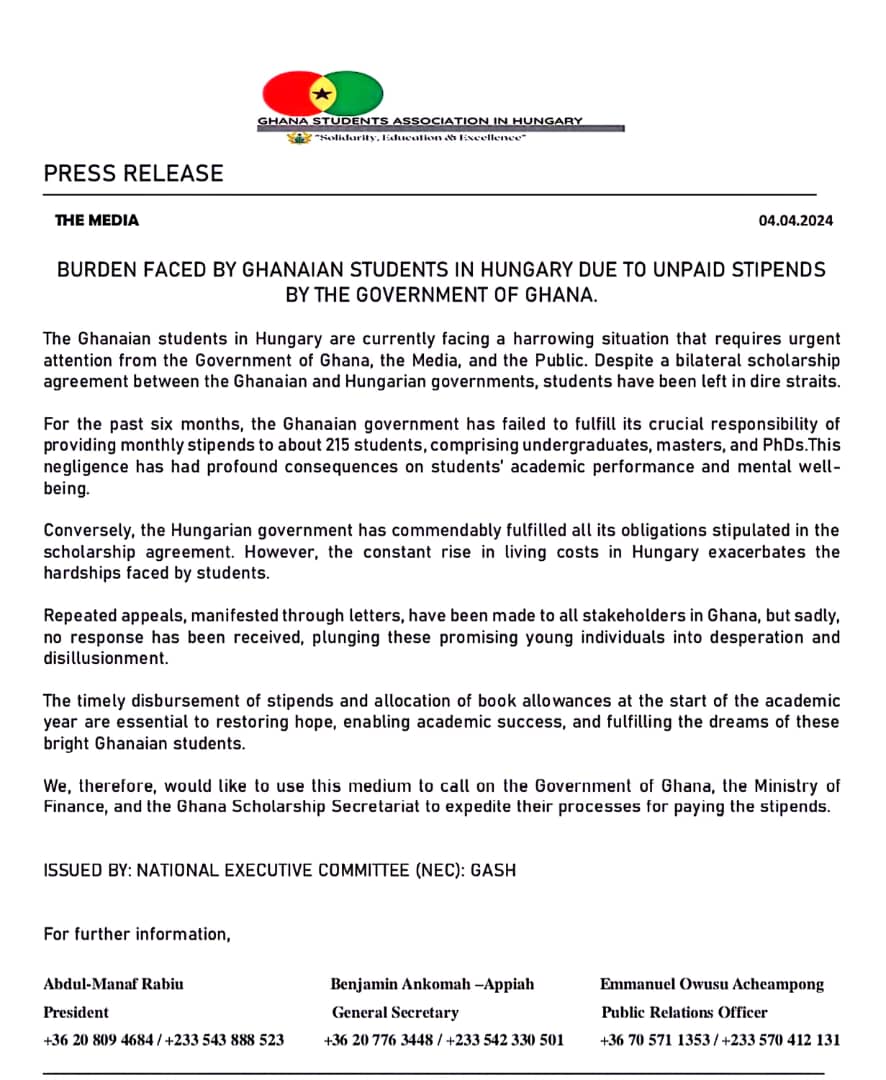 GashStudents's tweet photo. Ghanaian students in Hungary face dire hardships due to unpaid stipends by the Government of Ghana. Urgent action is needed to address this crisis and support our academic success.😞#Ghanascholarship
#GASH #payourstipendsnow #paystipendsnow #hungryinhungary #studentslivematters https://t.co/NvM1jp32qf