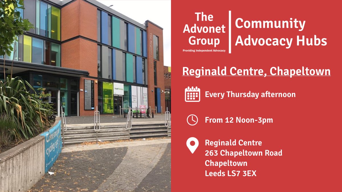 Every Thursday from 12 Noon-3pm, we run a Community #Advocacy Hub at The @ReginaldCentre! It is free to attend and we can help you to be heard there! Find out about how we can help you at these hubs on our website: advonet.org.uk/services/commu… #Leeds #LS7 #Chapeltown #Potternewton