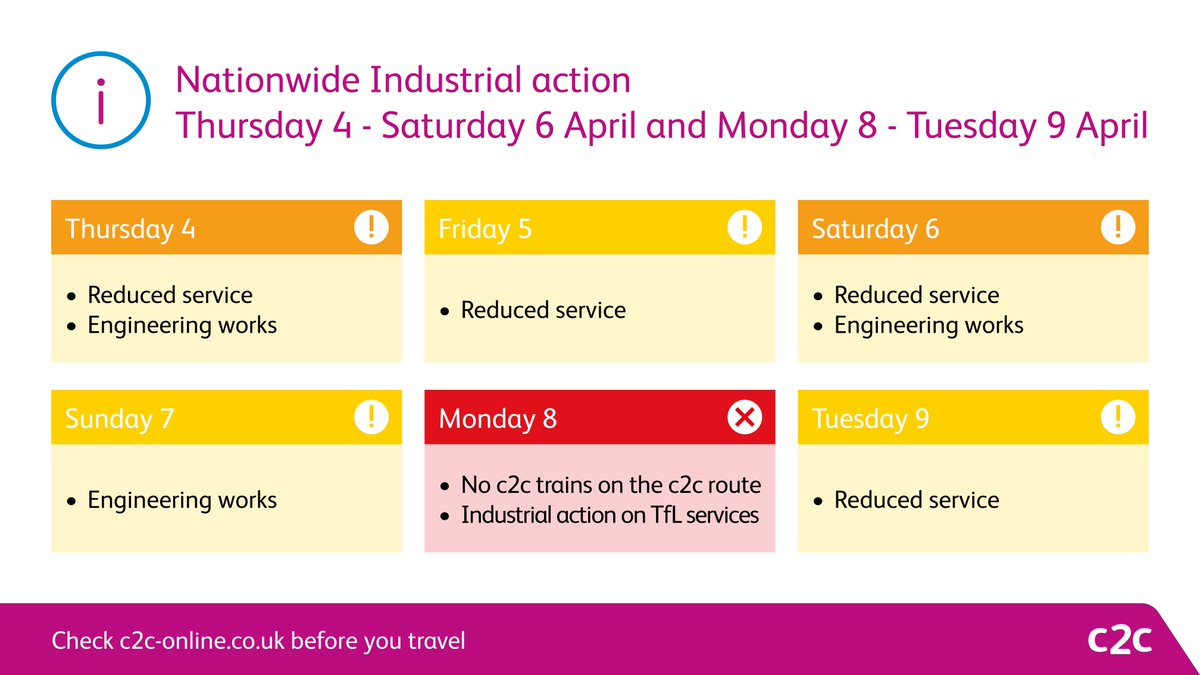 Industrial action 4 - 6 and 8 - 9 April: orlo.uk/industrial_act… There will be no c2c trains on the c2c route Monday 8 April. A reduced service will be in place 4-6 and 9 April. Check before you travel: orlo.uk/national_rail_…