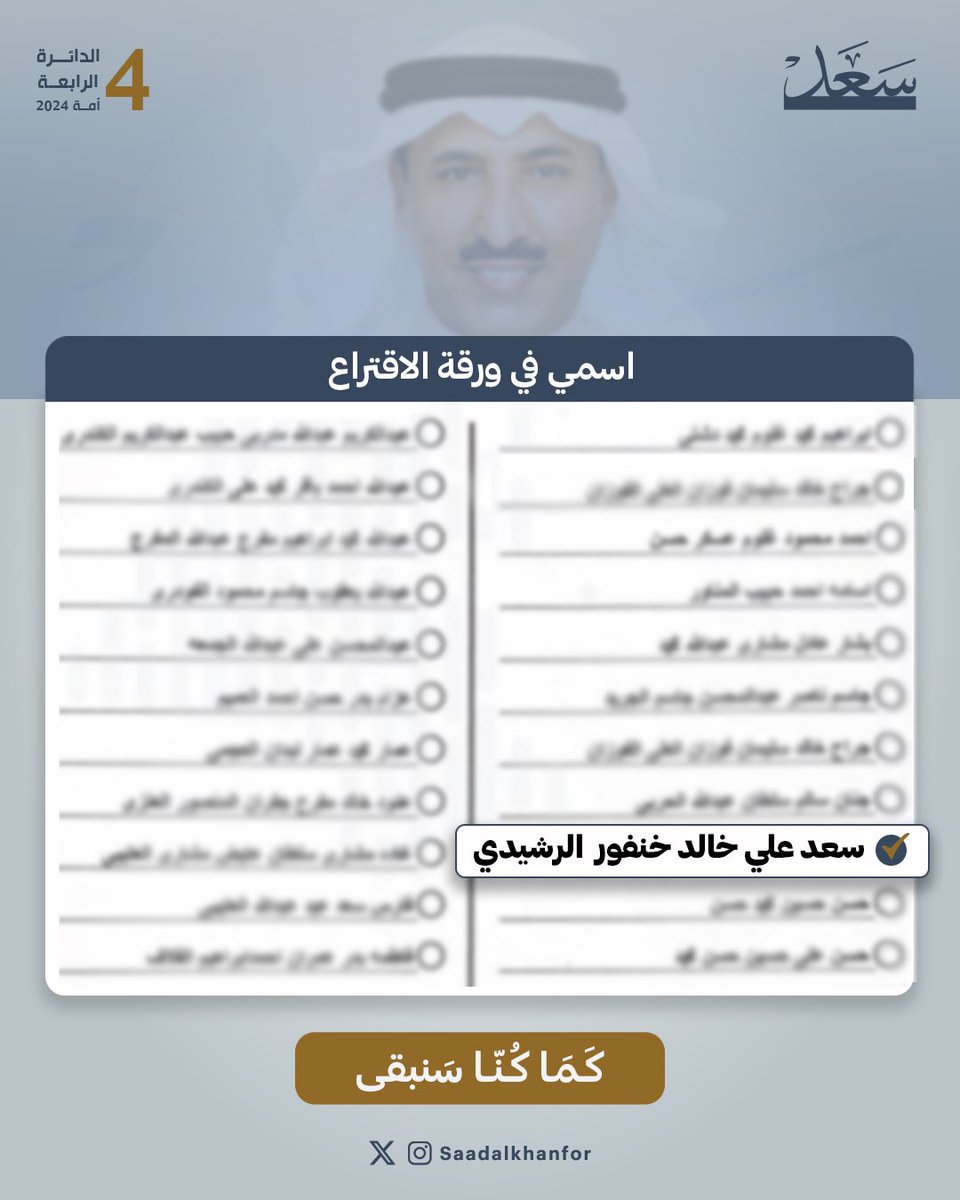 اخواني واخواتي 
أبناء الدائرة الرابعة كافة
كل الشكر والتقدير على الدعم الذي أثلج صدري ..
ولايسعني مع بداية هذا اليوم الديمقراطي الا الدعاء في ان يولي علينا خيارنا
و ان أكون عند حسن ظنكم وأعدكم ان كما كنا سنبقى مدافعا عن حقوقكم 
ولا أستغنى عن فزعتكم ..

#سعد_الخنفور