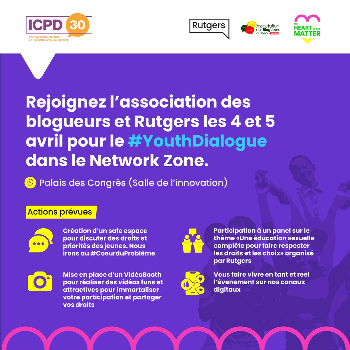 Bonjour aux jeunes du monde entier ! Bienvenue au Dialogue Mondial des Jeunes à Cotonou. Un espace unique vous attend pour réseauter, vous distraire et vous éduquer de manière épanouie. Rejoignez-nous dans la Salle Innovation ! #ICPD30 #YouthDialogue #EmbraceOurRights…