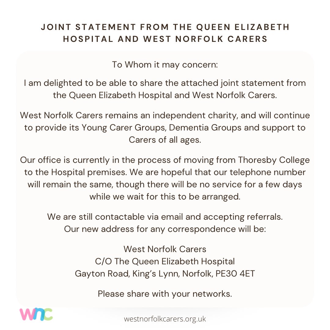 A joint statement from The Queen Elizabeth Hospital and West Norfolk Carers