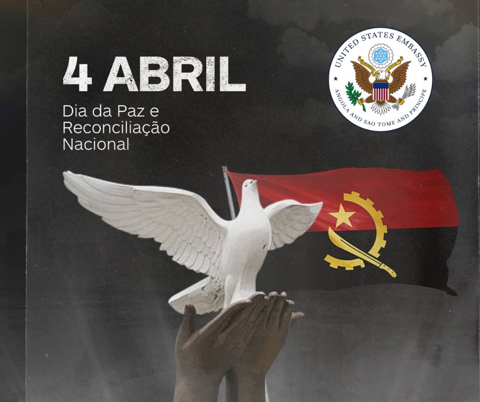 Feliz Dia da Paz e da Reconciliação para todos os Angolanos! A missão diplomática dos E.U.A. em Angola celebra com todos os angolanos o dia Dia da Paz e da Reconciliação Nacional. Em observação ao Dia da Paz e da Reconciliação em Angola, a Embaixada dos E.U.A esta fechada.