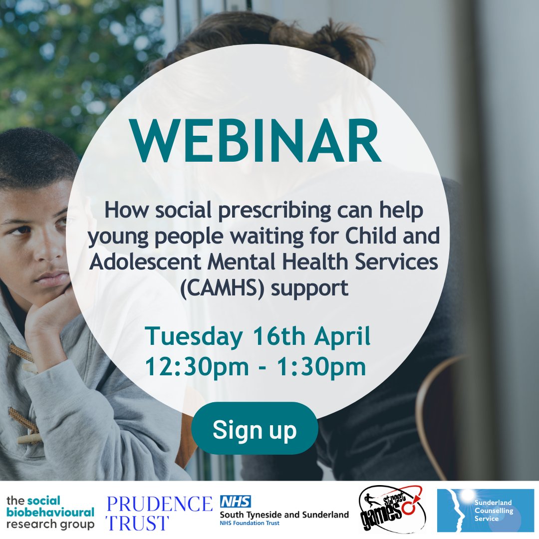 Join us on 16 April, 12:30pm - 1:30pm to explore how a #SocialPrescribing pathway could help young people aged 11-18 while they are waiting to access #CAMHS, by connecting them to non-medical forms of community support. Sign up: ow.ly/moHa50R3qRn