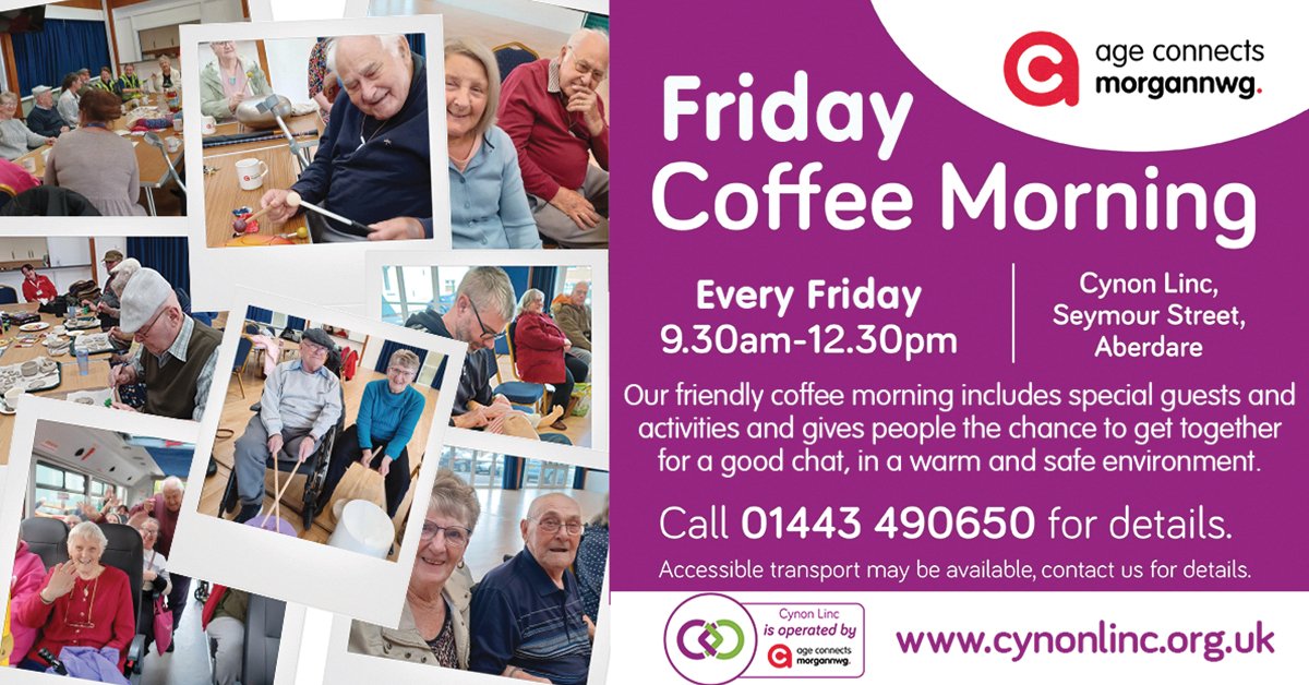 The Carers Coffee Morning from Age Connects Morgannwg takes place every Friday at 9.30am in the hall. Come along for a friendly welcome, great conversation and plenty of fun activities to enjoy. #aberdare #coffeemorning