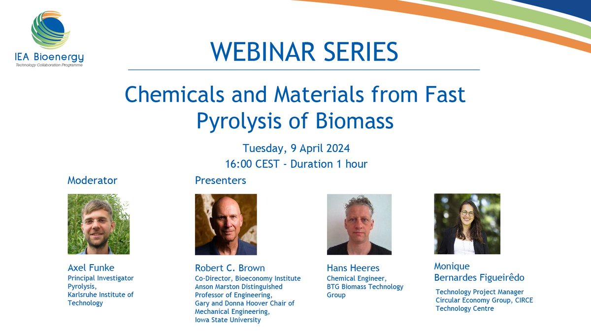 🗓 💻 Free webinar on 9 April - 'Chemicals and Materials from Fast Pyrolysis of Biomass' - organised by IEA Bioenergy Task 34 (Direct Thermochemical Liquefaction). 👉This webinar will present different approaches at varying stages of development to showcase emerging