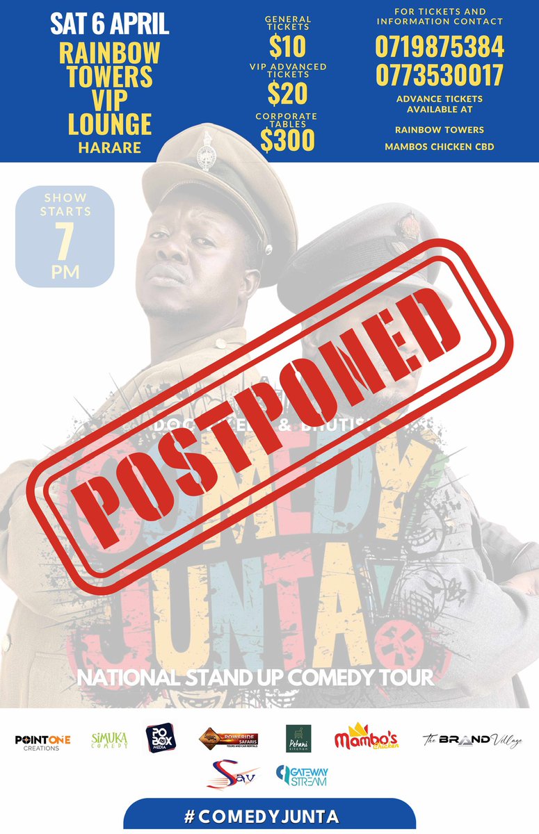 *To our valued comedy fans*: We regret to inform you of the *‼️POSTPONMENT‼️* of our *HARARE* show 'Comedy Junta,' originally scheduled for April 6th, 2024 at the Rainbow Towers VIP Lounge. This was due to the *Unexpected Closure* of the Rainbow Towers Hotel for *renovations*.