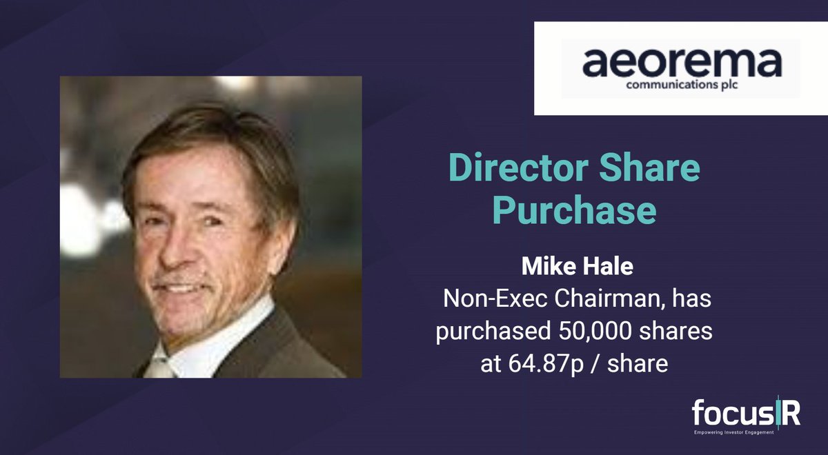 DIRECTOR DEALINGS: Mike Hale, Non-Executive Chairman @AeoremaComs takes his total holdings to 1,945,000 shares (20.39%).

#AEO #MarketingCommunications