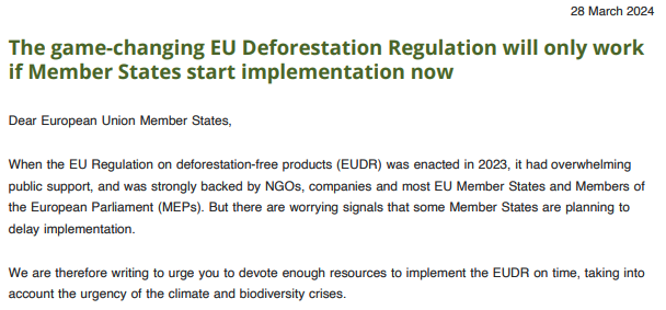 Last week, 40+ European NGOs sent a letter urging Member States to progress faster with and provide more support for implementation of the EU anti-deforestation regulation #EUDR 👇 fern.org/publications-i… /2