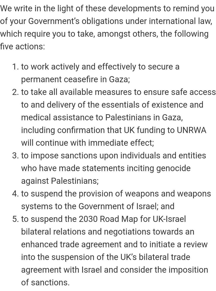 Over 600 UK legal experts have now written to remind the UK Government of its obligations under international law to act to prevent genocide. Merely demanding explanations from Israel doesn't cut it. Weapons sales must stop now. lawyersletter.uk/uk-lawyers-ope…