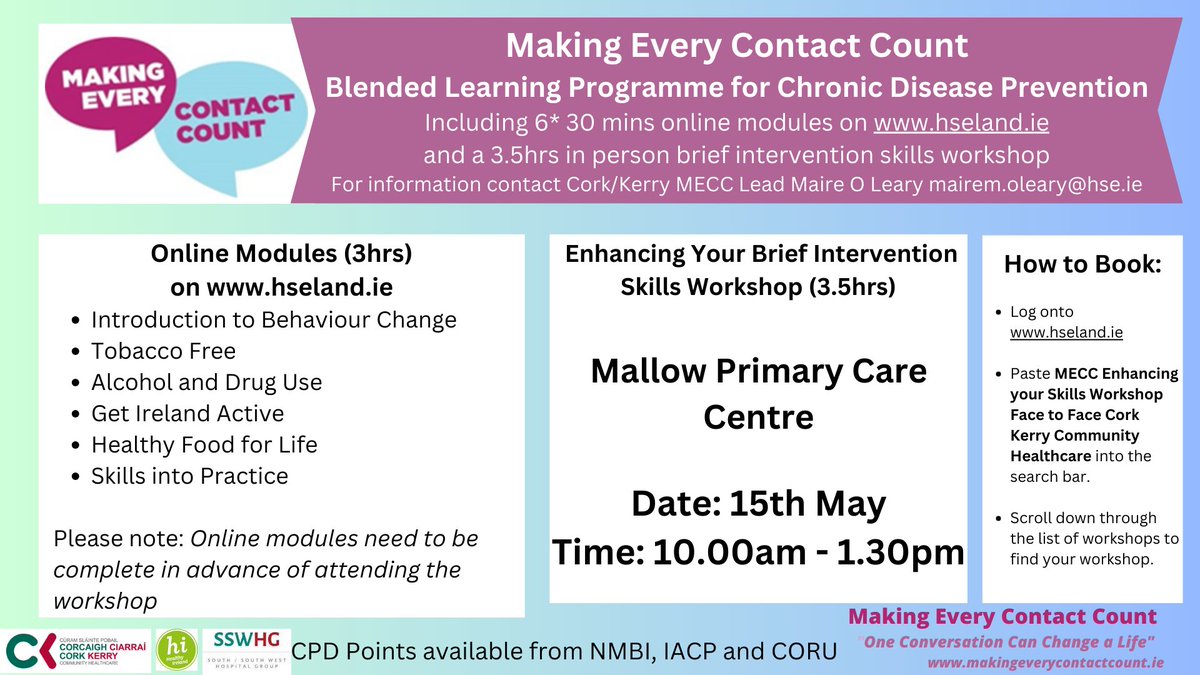 A Making Every Contact Count 👥 workshop will be held in Mallow PCC on May 15th from 10am-1.30pm. To book your place log onto hseland.ie. ℹ️🗓️ #MakingEveryContactCount
