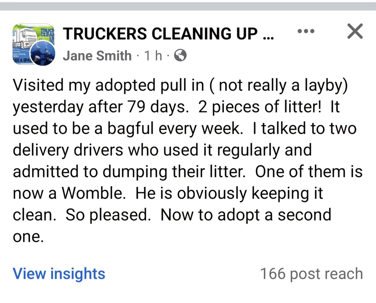 This shows how one person can make a difference. Not only picking the litter but engaging with the drivers and changing their behaviour. Well done Jane #truckerscleaningupbritain #KeepBritainTidy #adoptalayby #bepartofthesolution