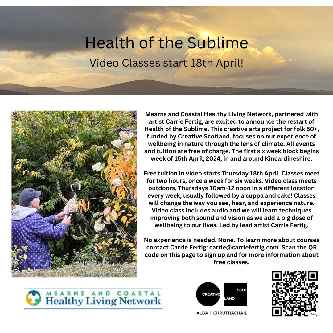 Health of the Sublime, a creative project maps the experience of wellbeing in nature through the lens of climate change. Video class begins 18/04. Free! Learn more, sign up @ the QR code. Supported by Creative Scotland.#wellbeing #nature #video #climatechange #creativescotland